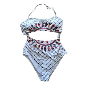 Cupshe Swimsuit XL One Piece White Feathers Open Middle
